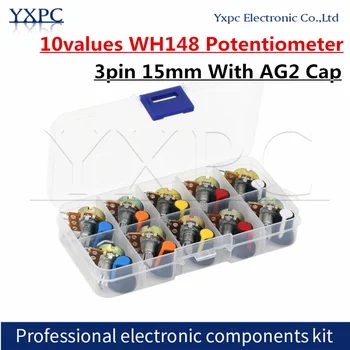 10valuesX1pcs = 10шт Потенциометър WH148 3pin 1K 2K 5K 10K 20K 50K 100K 250K 500K 1 М 15 мм набор от потенциометров 3pin с капак AG2 Кутия