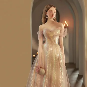 14177#IENA Елегантна Пищни рокля от органза цвят шампанско с открити Рамене, Луксозно Макси Рокля За Абитуриентски бал, Коктейл вечер Винтажное Вечерна Рокля