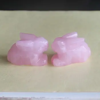 (2 елемента) Два издълбани скъпоценни камъка, ръчно изработени розов кварц зайче фигурка на животно резба на животните