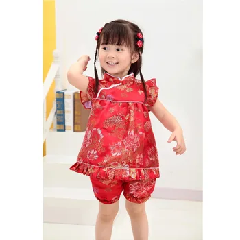 2019 Нови летни Бебешки комплекти Ципао с цветен модел, коледни китайски рокли за малки момичета, къси панталони, съоръжения чонсам