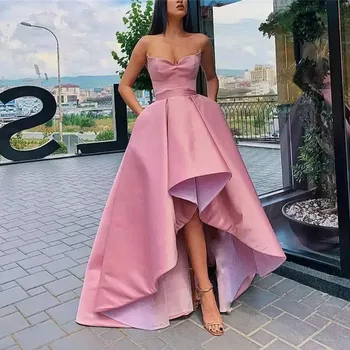2022 Hot High-low Strapless Prom Dress рокля женски Robe De Soiree Evening Party Simple Satin Lace-up