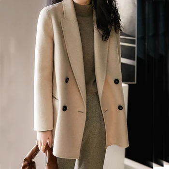 2022 женски женски вълнени палта дамски палта със средна дължина, корейски модни вълнени палта двустранни кашмир палто