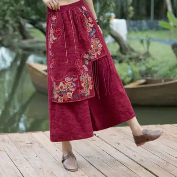 2022 памук, ленени панталони с цветна бродерия и пискюли в етнически стил харадзюку, дамски ретро панталони в китайски стил, реколта свободни широки широки панталони