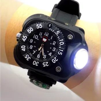 3 в 1 светли часове на светлината на фенерче и компас спорт на открито мъжка мода Водоустойчив led акумулаторни ръчен часовник лампа факел