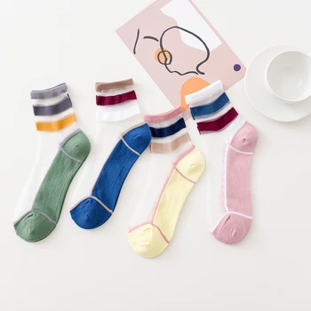 4 Чифта Нови Летни Прозрачни женските Чорапи с Кристали в японски Стил, Сладки Шарени Къси Чорапи в тон, Лоскутные Чорапи