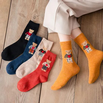 5 Цвята Вълнени Чорапи Дамски Зимни Издръжливи Дамски Чорапи Мечка Kawai Изолирана Минерални Кашмир Флисовые Чорапи Коледен Подарък