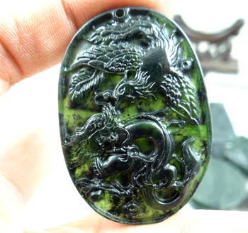 50*33Wholesale натурален Китайски черен зелен камък ръчна изработка дърворезба статуя на Дракон и Феникс амулет висулка колие Производство на Бижута