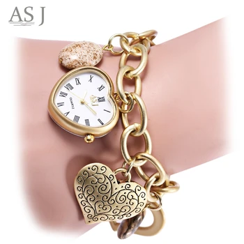 ASJ Нови Модни Дамски Кварцов Часовник С Отложено във Формата На Сърце, Верижка, Гривна, Часовник