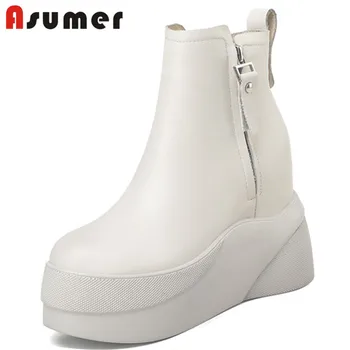 Asumer/ 2021 г. нова мода обувки на танкетке и платформа, дамски обувки от естествена кожа, с кръгли пръсти на ципове удобни зимни ботильоны женски