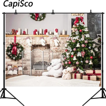Capisco Чорапи за Камината Подаръци мечка Декор Коледни Снимки, Фонове за фото студио Фонове за Детски Партита Снимка