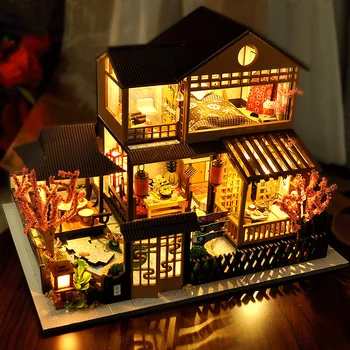 Diy Wooden Куклена Къща Комплект С Миниатюрни Мебели Японска Вила Таванско Помещение Casa Вила Куклена Къща Играчка За Възрастни Момичета Коледен Подарък