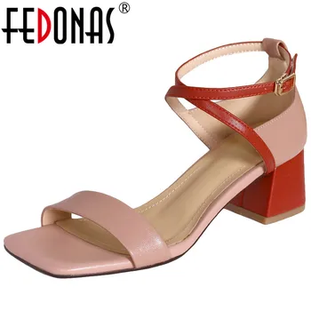 FEDONAS модни лаконичен секси дамски каишка на глезена сандали естествена кожа обувки за сватбата на корпоратив дами дебели токчета на обувки Жена