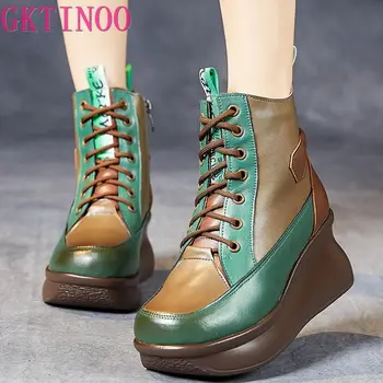 GKTINOO/Женски ботильоны от естествена кожа, Смесени цветове, обувки в стил ретро на танкетке с шнур, на Новост 2022 г., Зимни Плюшени обувки, ръчно изработени в Платформата