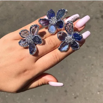 GODKI Луксозен Цвете Синьо Crystal Комплект Бижута За Жени Сватбена Колие Обици Набор от Кубичен Циркон Дубай Сватбен комплект бижута 2020