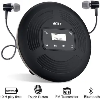 HOTT Акумулаторна батерия за Преносим CD-плейър Bluetooth 5,0 с FM-предавател, сензорен бутон и дисплей с Подсветка Преносим Музикален плейър