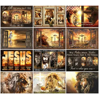 HUACAN Диамантени Кристали и Картини на Исус Религия Нов Прием на Диамантена Бродерия Лъв Кръст Мозайка Декорация на Дома