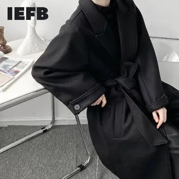 IEFB есенно-зимно мъжко корейското модно вълна палто с колан, безплатно, негабаритное, двубортное, плътни дрехи, мъжки ежедневни 9Y4650
