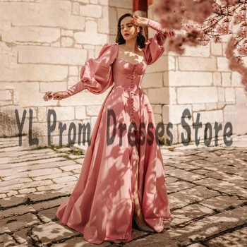 Il розов Сатен фенер ръкав почистване влак Абитуриентски рокли високо Сплит вечерна рокля с квадратна яка бутона Принцеса на партията на жените рокля
