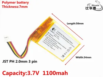 JST PH 2,0 мм 3 pin Добро качество 3,7 В, 1100 mah, 703450 Полимерна литиево-йонна/литиево-йонна батерия за ИГРАЧКИ, POWER BANK, GPS, mp3, mp4