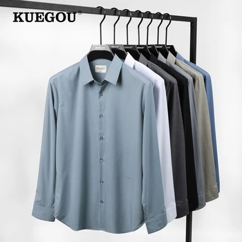 KUEGOU 2022 Есенни Нови Мъжки Ризи Обикновена Модни Копринено Мека Бизнес Ежедневните си Високо Качество с Дълъг Ръкав За Мъже на Топ 20566