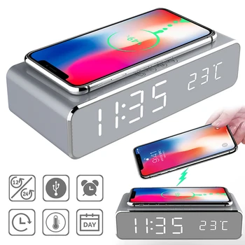 LED Интелигентна alarm clock Qi Wireless Charging Безжично Зарядно За iPhone 11 12 Huawei, Xiaomi Мобилен Телефон Samsung Airpods