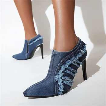 LeShion Of Chanmeb/ Пикантен дамски обувки на висок ток-висок ток, сини дънкови къси Ботильоны с остри пръсти и пискюли, дамски дънкови обувки, Есен