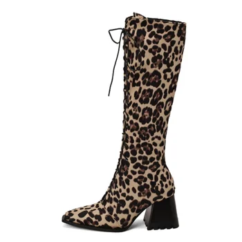 Lilyptuart, размер 48, дамски дълги ботуши, зимни 2022, модерни нови обувки дантела на не сужающемся надолу масивна токчета, ботуши до коляното с леопардовым принтом, дамски обувки