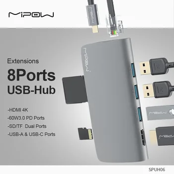 MIPOW 8-в-1 USB-C адаптер hub 4K, HDMI, SD / TF Четец на карти Ethernet портове USB 3.0 Захранване на MacBook iPad Pixelbook XPS и т.н.