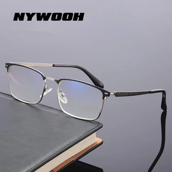 NYWOOH Анти-Сини Леки Очила за четене, Мъжки Бизнес Очила от Сплав, Мъжки Висококачествени Модни Полукадровые Очила за Четене + 4,0