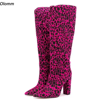 Olomm/Дамски ботуши до коляното на Ръчно изработени в Леопардовом стил на не сужающемся надолу масивна ток с остър пръсти, Лилаво, фуксия; дамски обувки за партита; големи размери САЩ 5-15