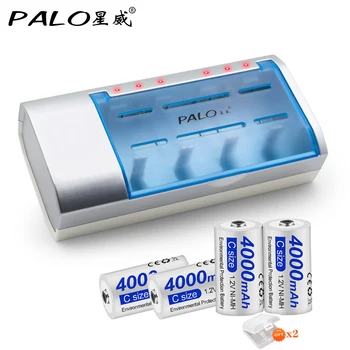 PALO R14 C Cell Батерия C Размер на Акумулаторна Батерия 4000 mah NIMH 1.2 Тип C Батерии + LCD Зарядно Устройство за AA AAA C D 9