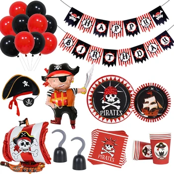 Pirate Парти Балони Прибори за Еднократна употреба Пиратски Череп Флаг Шапка Децата Момче С 1 м, честит Рожден Ден Украса за Доставка