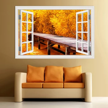 PVC винилови тапети adesivo де parede Стени на книгата си за изкуството да 3D Изглед от прозореца на стикери за стена есенни листа за всекидневна начало декор
