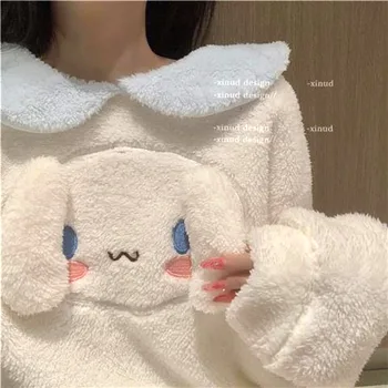 Sanrio Плюшени Пижами Cinnamoroll Зимни Фланелен Меки Топли Пижами Аниме Халати за Жени-Бял Цвят
