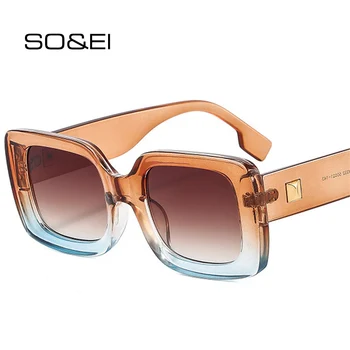 SO & EI Модни Квадратни Слънчеви Очила Дамски Нюанси UV400 Ретро Нитове Украса Мъжки Тенденция Слънчеви Очила