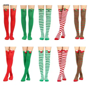 X7YA Женски Шарени Чорапогащи Над Коляното, Плюшени Коледни Ботуши, Високи Чорапи до Бедрото, за Коледа