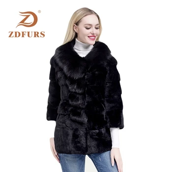 ZDFURS * палто от цели кожи от заек рекс, дамско зимно ново палто с голям кожа яка от лисьего кожа, дълъг абзац, девятиточечный ръкав, козина, кожа яке