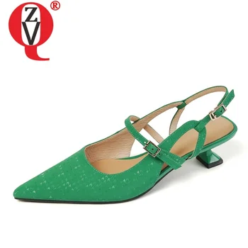 ZVQ/Модни Сандали с Добро качество, Дамски летни обувки-лодка от естествена Кожа на среден Ток с остър пръсти, Офис дамски Обувки, Дамски Градинска Марка Обувки