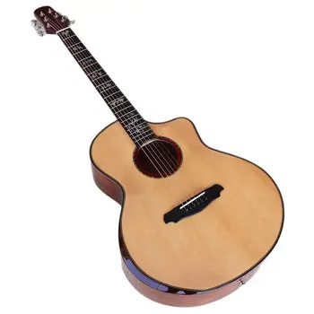 Акустична китара с цветя инкрустация 41 инч от масив смърч с най-високо гланцово покритие 6 струнен народна китара с радиален ъгъл