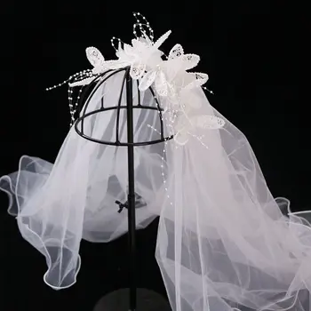 Бели Перли Дългата Сватбена Дамски Завесата Романтична Двупластова Завесата Колела За Коса Завесата За Сватба Сватбени Аксесоари Панделка Цвете