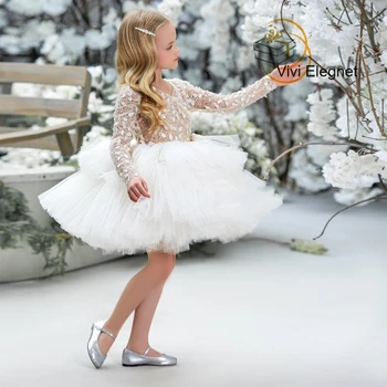 Бели Рокли пачки с цветя модел за Момичета, Мъниста Принцеса, Дълъг Ръкав, Дължина до коляното, Детски Костюми за Причастие, Зима 2022 г.