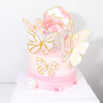 Геомерные Розови Златни Пеперуди Топперы за Тортата с 