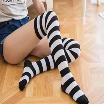 Дамски памучни чорапи с дължина над коляното в ивица с принтом до бедрата и високо шнорхел, 7 цвята, сладки и сладки коледни чорапи над коляното
