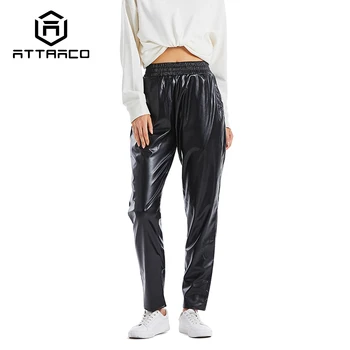 Дамски панталони ATTRACO от еднакво лачена кожа, модни прави панталони с еластична висока Талия и джобове, меки Панталони