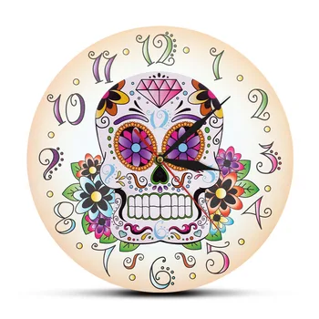 Денят на Мъртвите в Мексико Цвете Череп Стенни Часовници Dia de Muertos Испански Начало Декор Висящи Стенни Часовници Безшумен Механизъм за Часовници