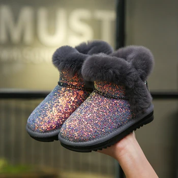 детски зимни обувки от естествена кожа за момичета с кроличьим кожа, модни детски памучни спортни обувки, пайети, топло лодка за деца