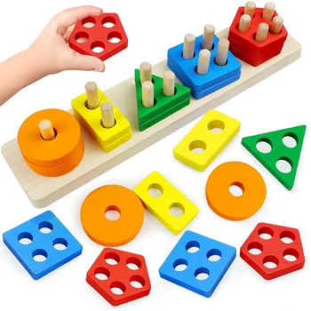 Детски четырехстоечные Геометрични Моделирующие Строителни Блокове MontessoriToys Macaron JigsawPuzzle Учебни помагала, Детски Дървени Играчки