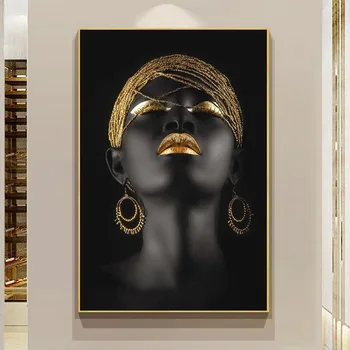 Златен Черен Скандинавски Стенен Художествен Плакат Съвременно Изкуство Африканска Жена Портрет на Картини върху Платно и Принт за Всекидневна Декор