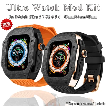 Калъф от въглеродни влакна за Apple Watch Ultra 49 мм и каишка от Каучук, Луксозен Калъф, Комплект за промяна на Рамката за iWatch Ultra 8 7 6 SE 45 мм 44 мм