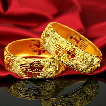 Класически 999 Жълто Златно покритие Дракон, Феникс Двойна Гривна Щастието за Жените Булката Сватбени Гривни, Гривна Бижута Подаръци